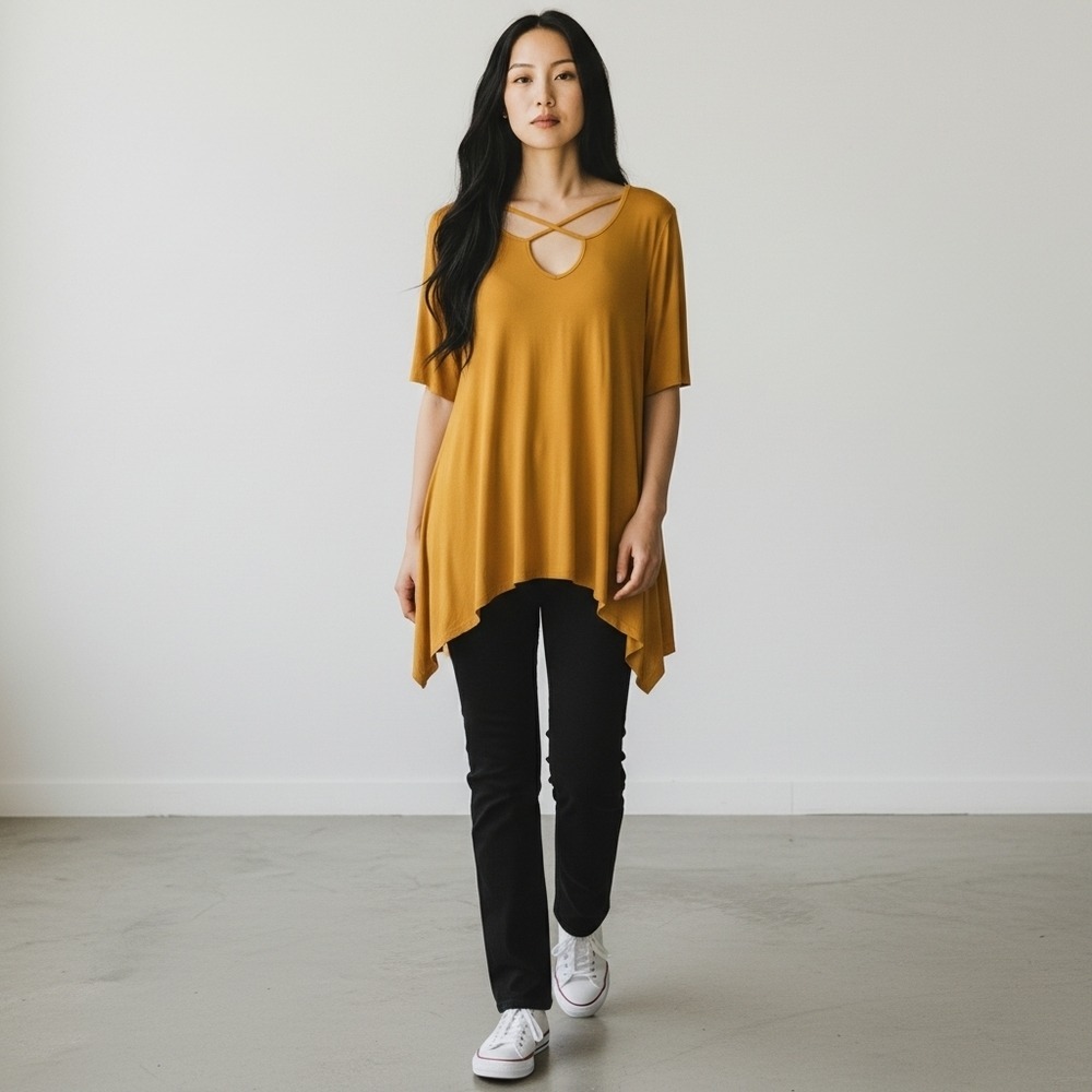 Spin USA Women's Mustard Knit Criss Cross Front Asymmetrical Hem Tunic Size 2XL